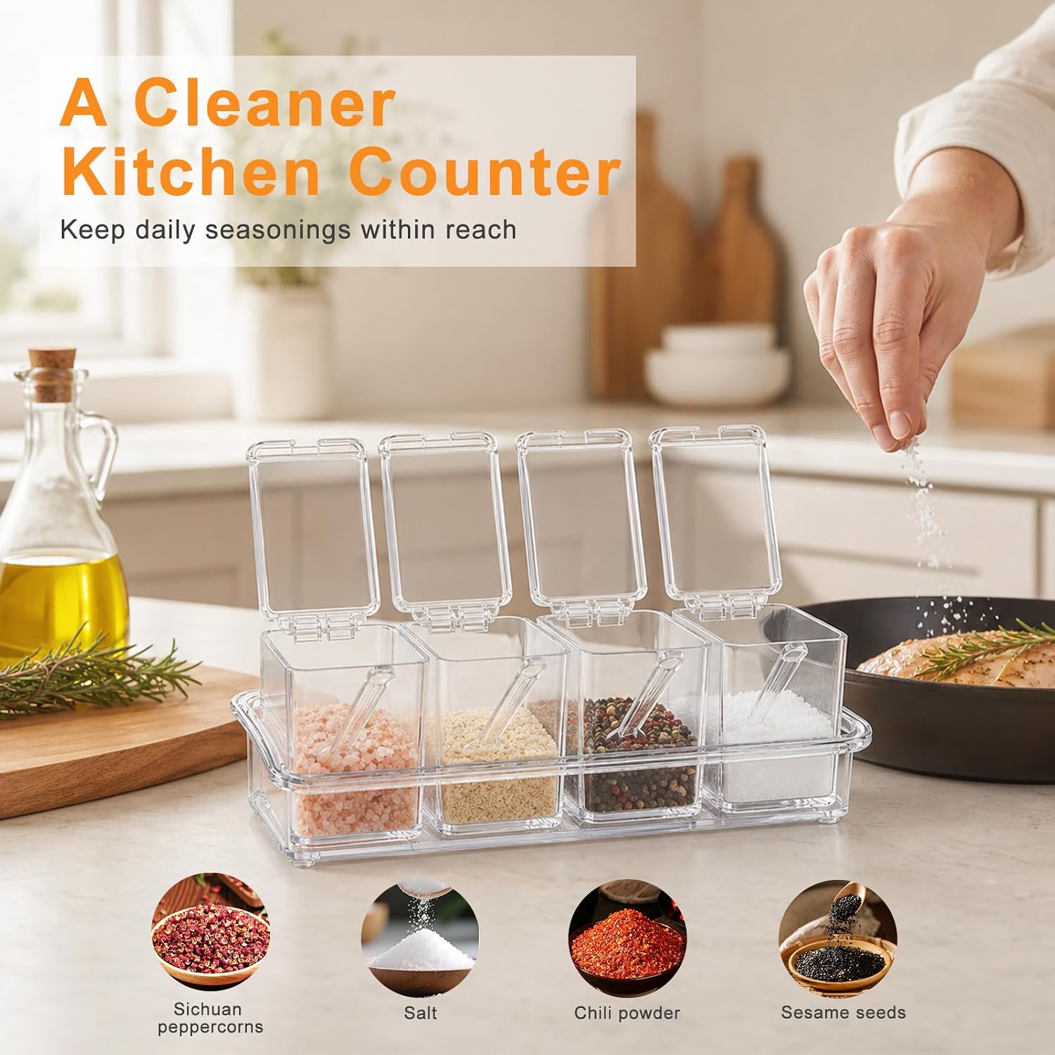Clear Seasoning Box, 4 Piece Seasoning Rack Spice Pots