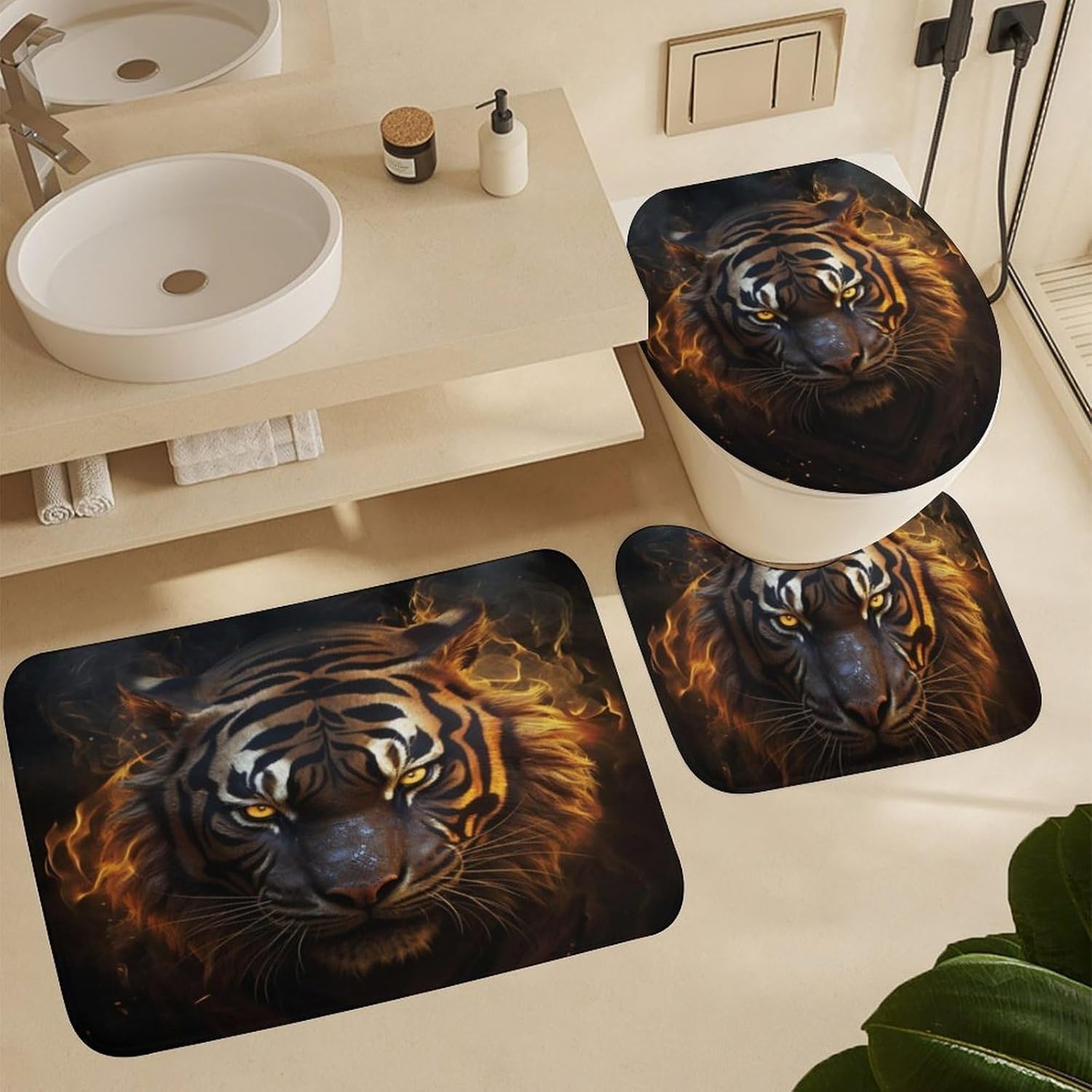 4 Piece Cool Flame Tiger Shower Curtain Set with Rugs, Include Fantasy Mystery Animal Bathroom Non-Slip Floor Mat, U-Shaped Bath Rug and Toilet Cover Lid with 12 Hooks