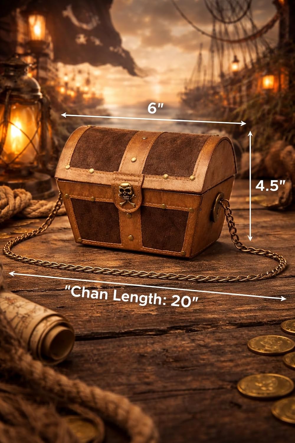 Pirate Treasure Chest Handbag | Treasure Chest Purse | Buccaneer Treasures Chests Bag | Vintage Pirate Skull & Bones Purse | Antique Style Buccaneers Costume Hand Bag | Pirates Costume Accessories