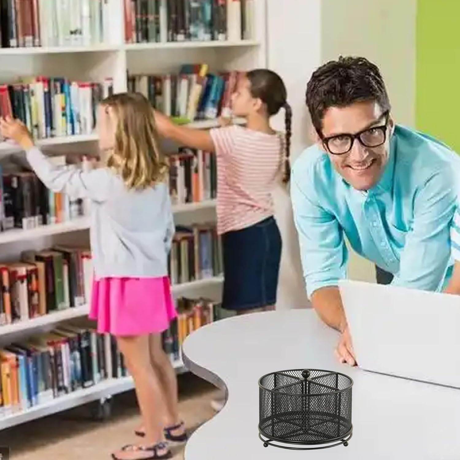 Mesh Desk Organizer, 360-Degree Rotating Multi-Functional Pen Holder with 4 Compartments 6.7x5 Iron Marker Organizer for Desk, Art Supply, Brush, Pencil, Black Art