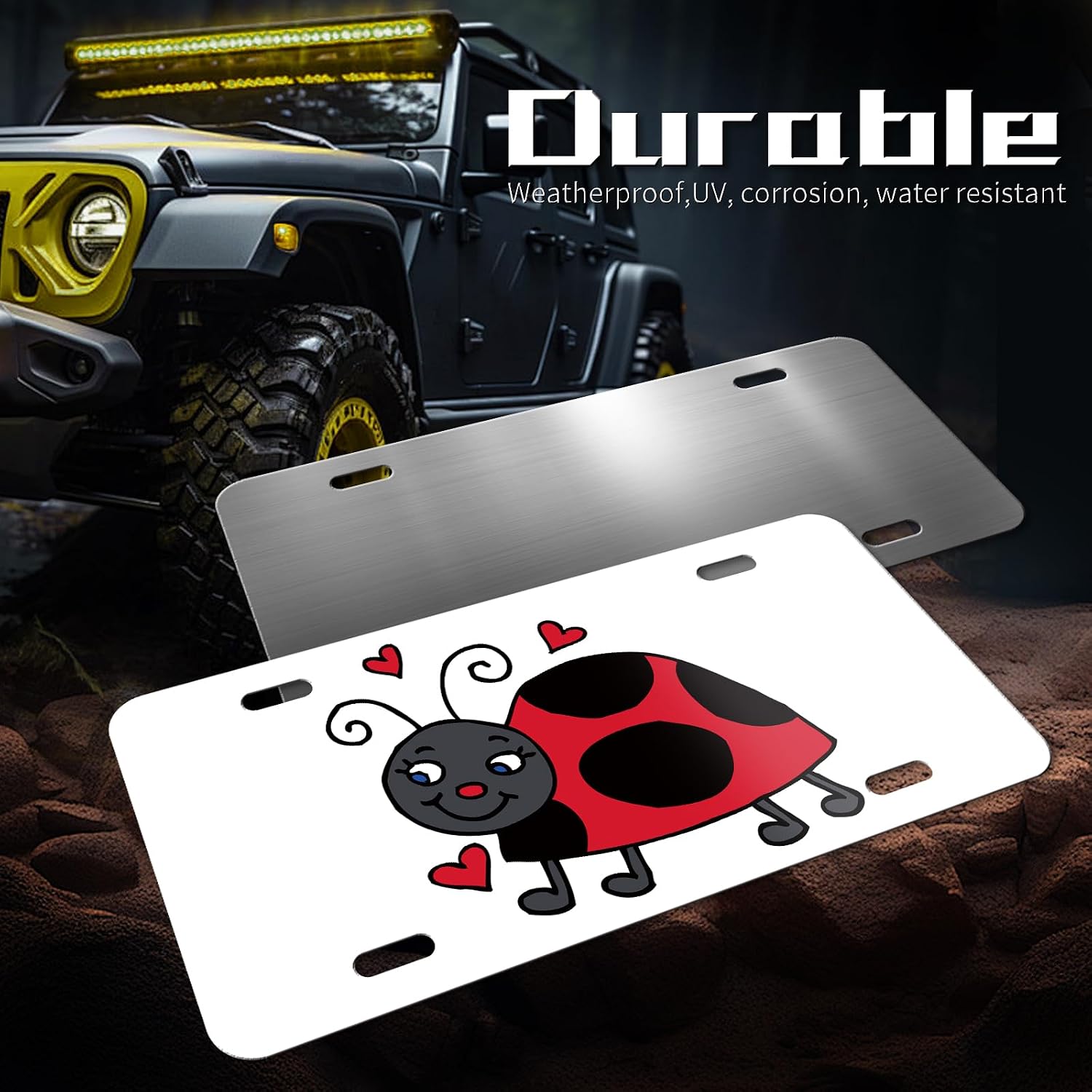 Decorative Front License Plate Cover, Rust-Proof Aluminum Car Vanity Tag, 6x12 Inch with 4 Holes,Personalise Noverlty License Plate Tag for Men & Women - Red Kawaii Ladybug