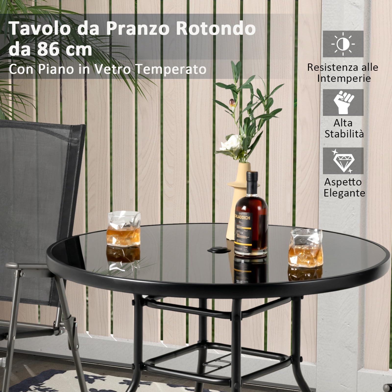 COSTWAY Tavolo Rotondo da Giardino con Buco per Ombrellone, Tavolo da Esterno in Vetro Temperato Struttura in Metallo, Tavolino per Balcone, Terrazza, Sala Pranzo e Soggiorno, 86 x 86 x 71 cm, Nero