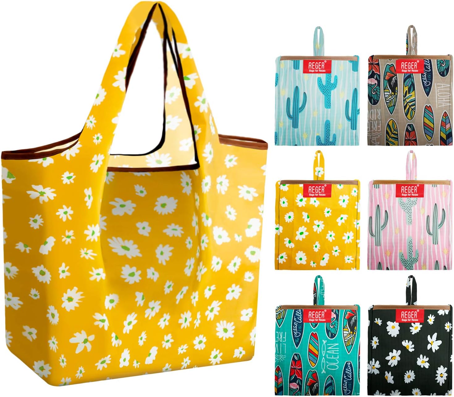 Grocery-Bags-Shopping-Reusable-Foldable-Bags 6 Pack With Square Pouch Grocery Bags Cloth Reusable Bags Ripstop Washable Bag Large Durable Light Weight Cactus