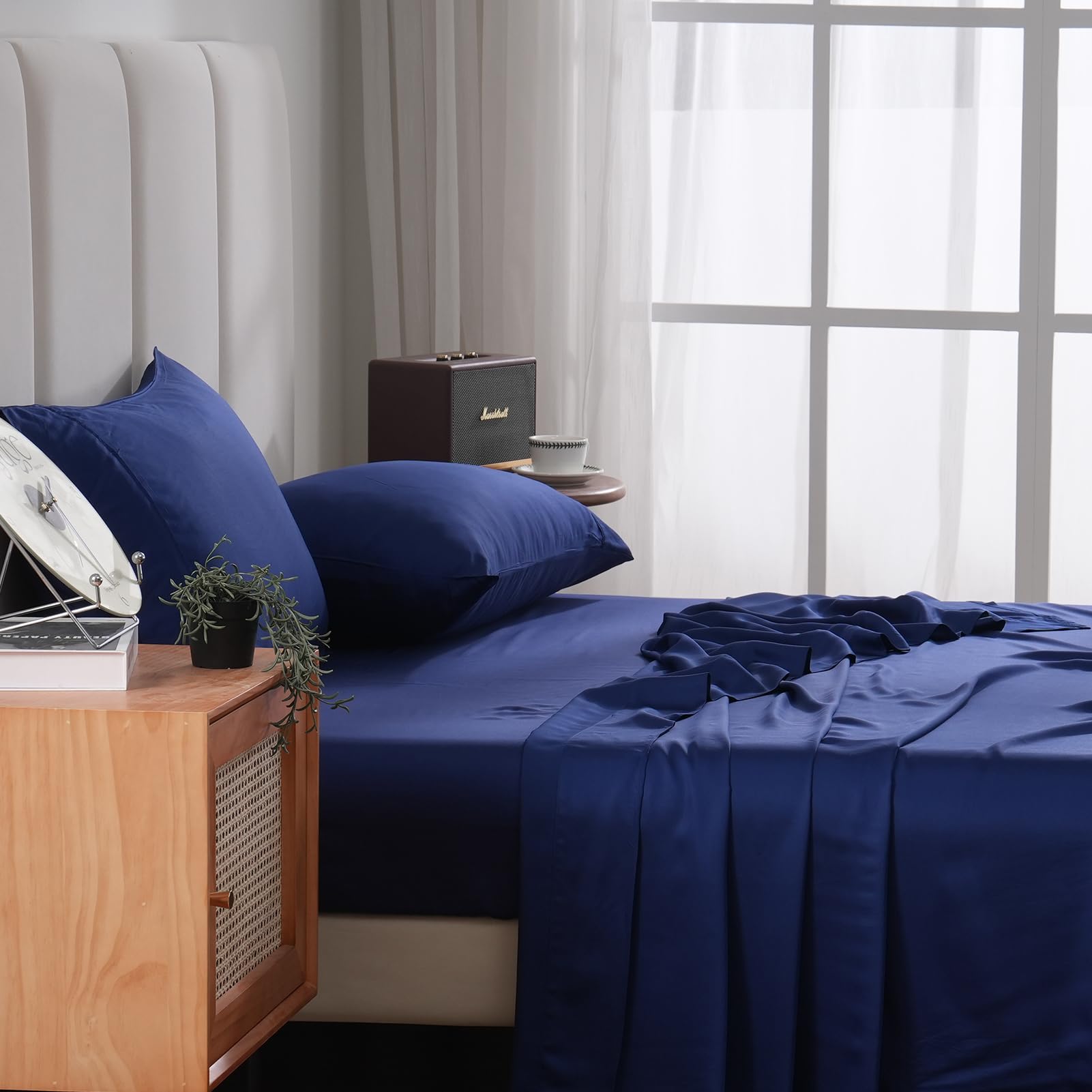 Bedlifes Queen Size Sheet Set Cooling Sheets Rayon Derived from Bamboo-400TC Breathable Luxury Bed Sheets,Sateen Silky Bedding Sheets-16 Deep Pocket Ultra Soft 4 Pieces(Navy Blue,Queen)