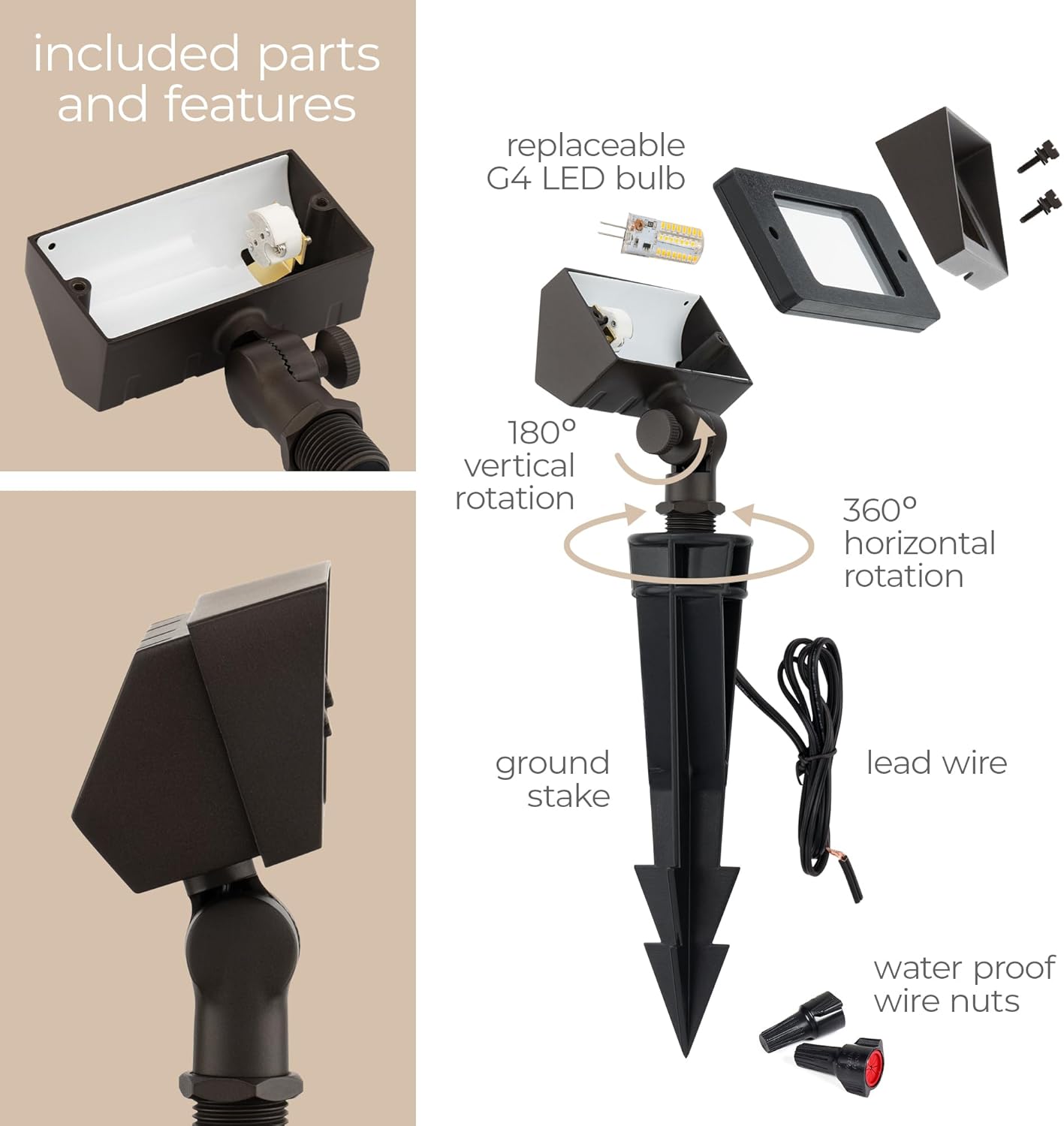 Amped Landscape Lighting 12V Flood Wall Wash Light with G4 Socket in Bronze Powder Coated Aluminum