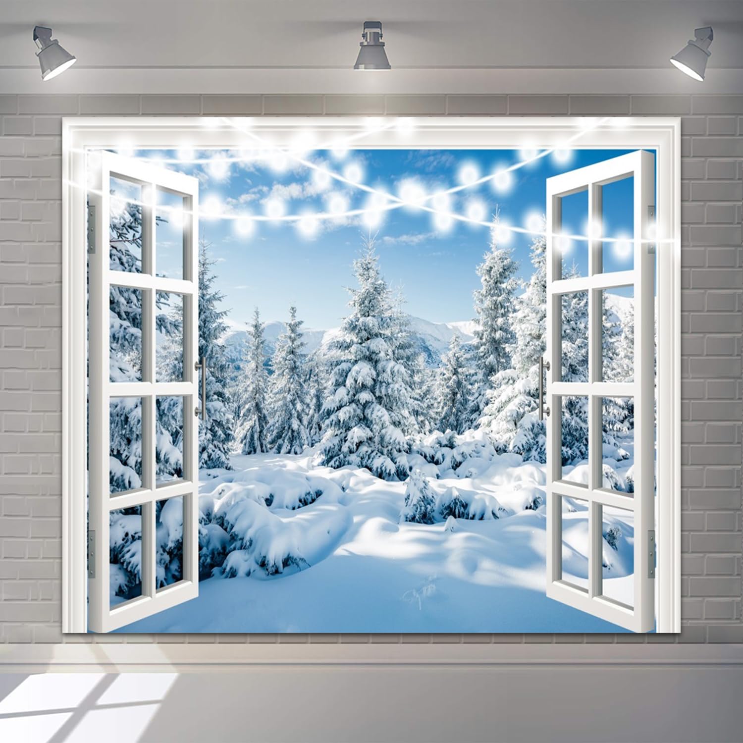 Fotohintergrund für den Winter, Schnee, Wald, Fenster, Bäume, Alpen, 3 x 2,4 m