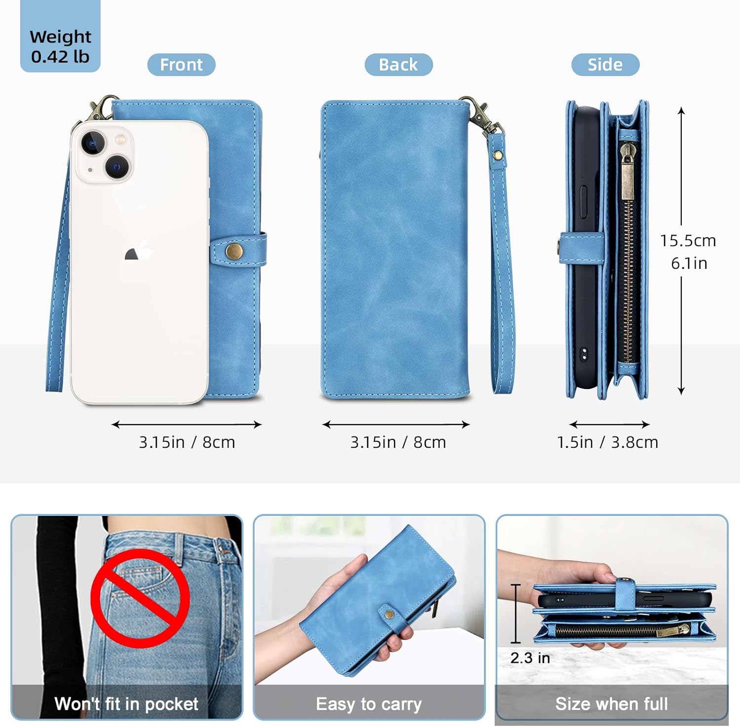 TwoHead for iPhone 14 Wallet Case with Card Holder, Detachable Magnetic Phone Case PU Leather Wallet for Women/Men, with Wrist Strap (6.1 in, Sky Blue)