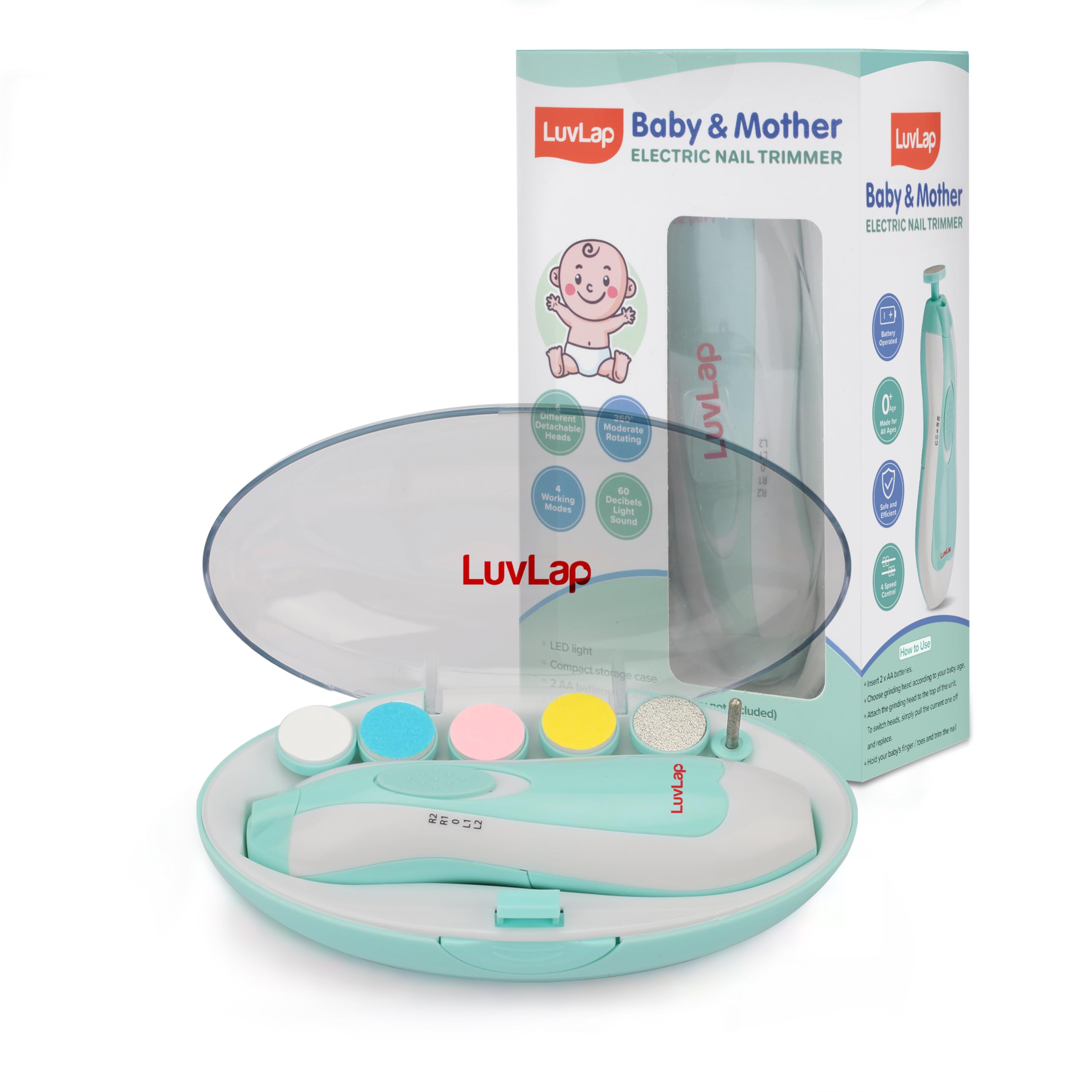 LuvLap Electric Nail Trimmer for Baby & Mother with Light, Electric Baby Nail Cutter with Multiple Filer Heads Adjustment, Safe Grooming Kit with 6 Filer Heads with Speed Control, Nail Trimmer for New Born