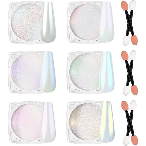 SIUSIO 6 Colors White Pearl Chrome Nail Powder Aurora Nail Powder Mirror Effect Chrome Powder Iridescent Shell Glitter Nail Art Pigment Manicure Powder for Nails (Colorful Mermaid)