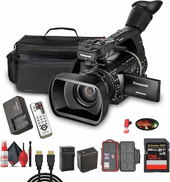 Panasonic AG-AC160 AVCCAM HD Camcorder 22x Zoom Lens, 3MOS Sensor, Dual SD Card Slots, 1080p/60p Recording + 128GB Memory Card + Replacement Battery + Replacement Charger + USB Card Reader + More