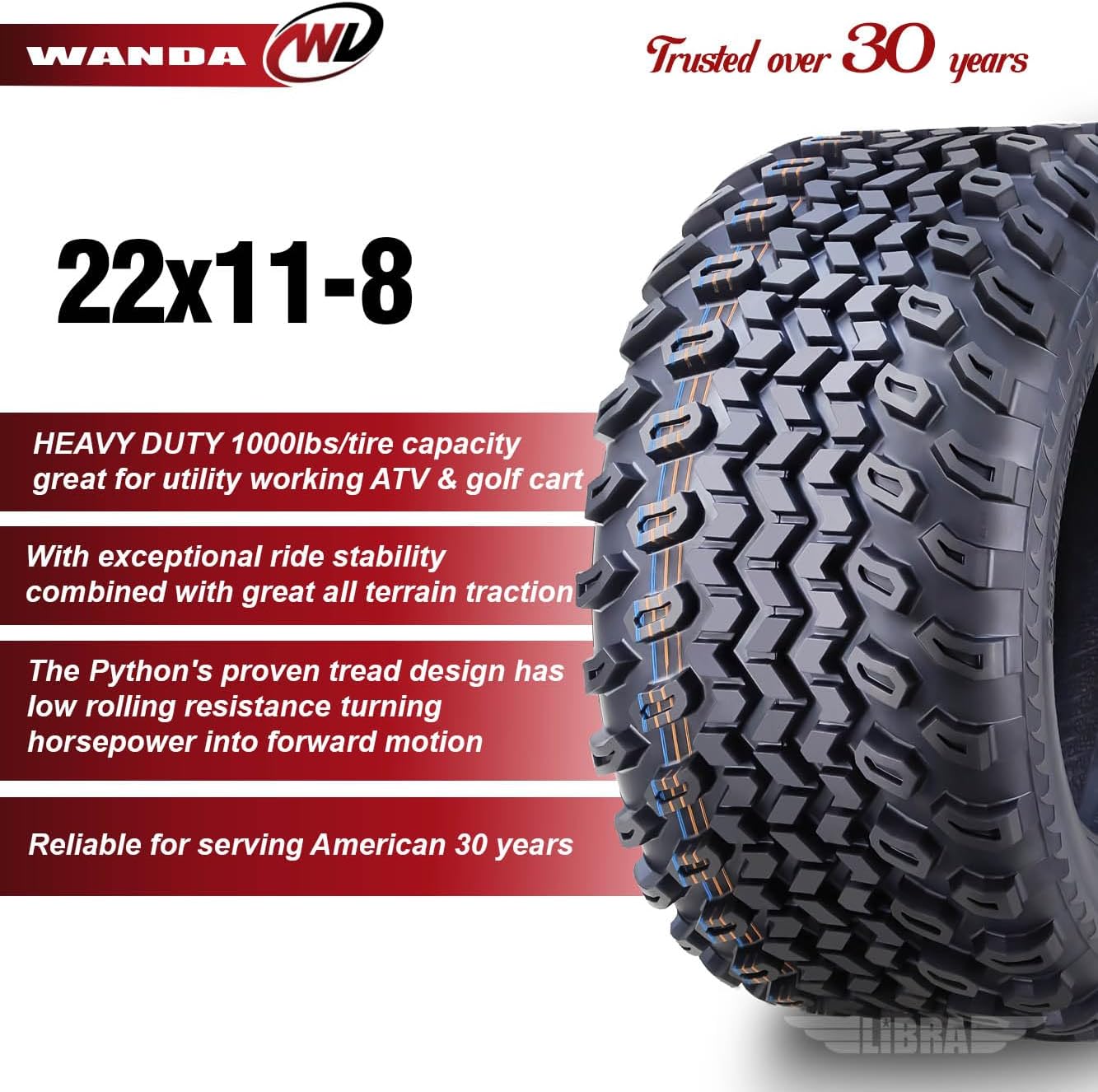 WANDA 22x11-8 22x11x8 UTV ATV Golf Cart Tires 4PR High Load, Set 4-10141