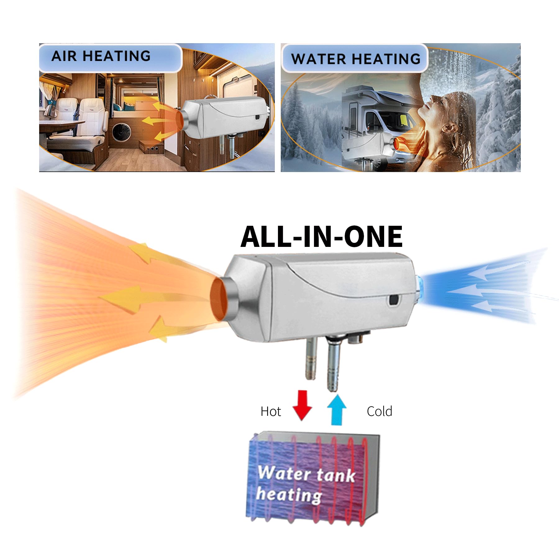 Calefacción estacionaria diésel de 24 V, 8 kW, combinación de calefacción de aire y agua, tanque de 26 galones, calentamiento de agua, LCD y mando a distancia, silencioso, 4 modos de funcionamiento