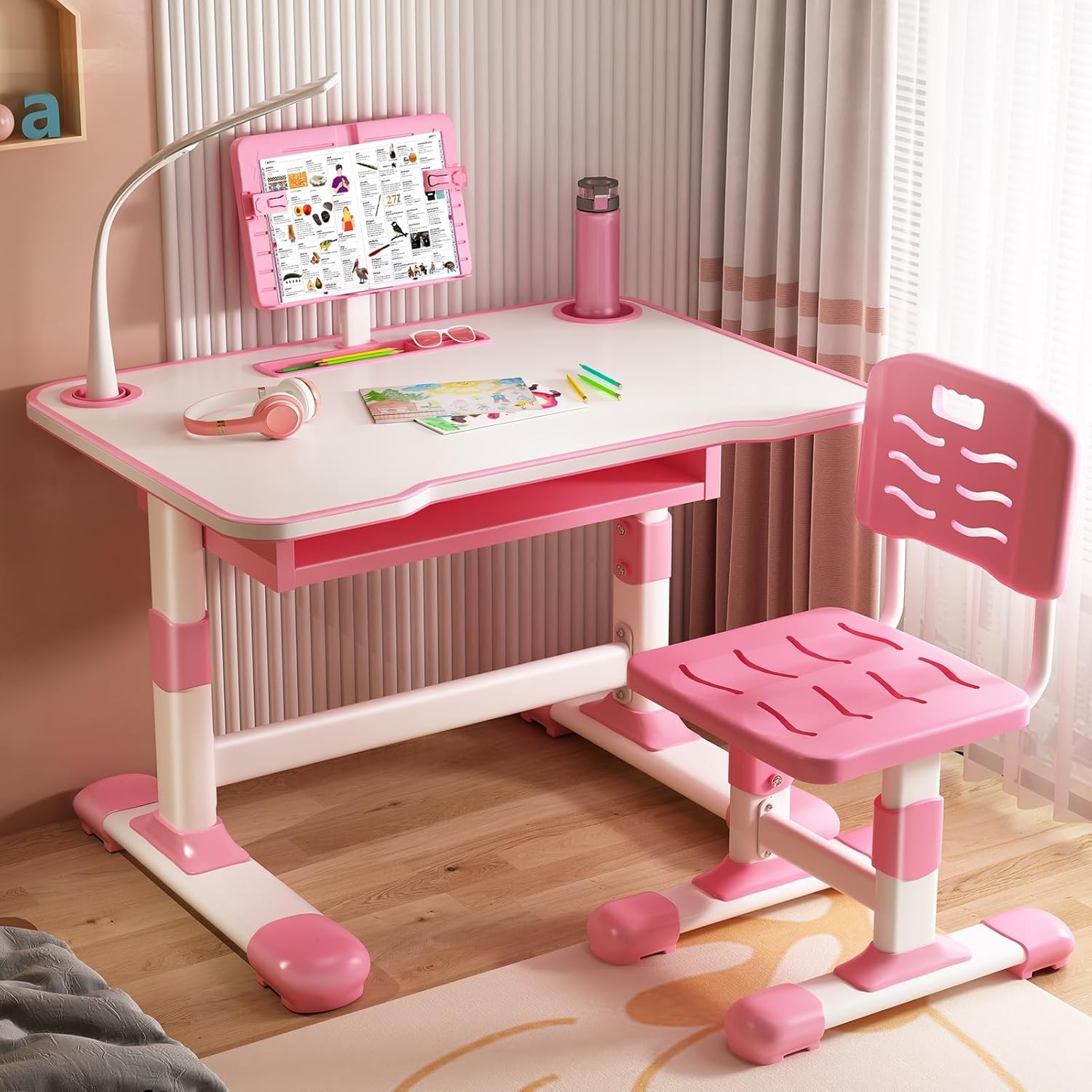 Kids Desk and Chair Set, Height Adjustable School Desk, Kids Table and Chairs with Tiltable Reading Stand LED Table Light, Children Learning Table with Large Drawer Pink