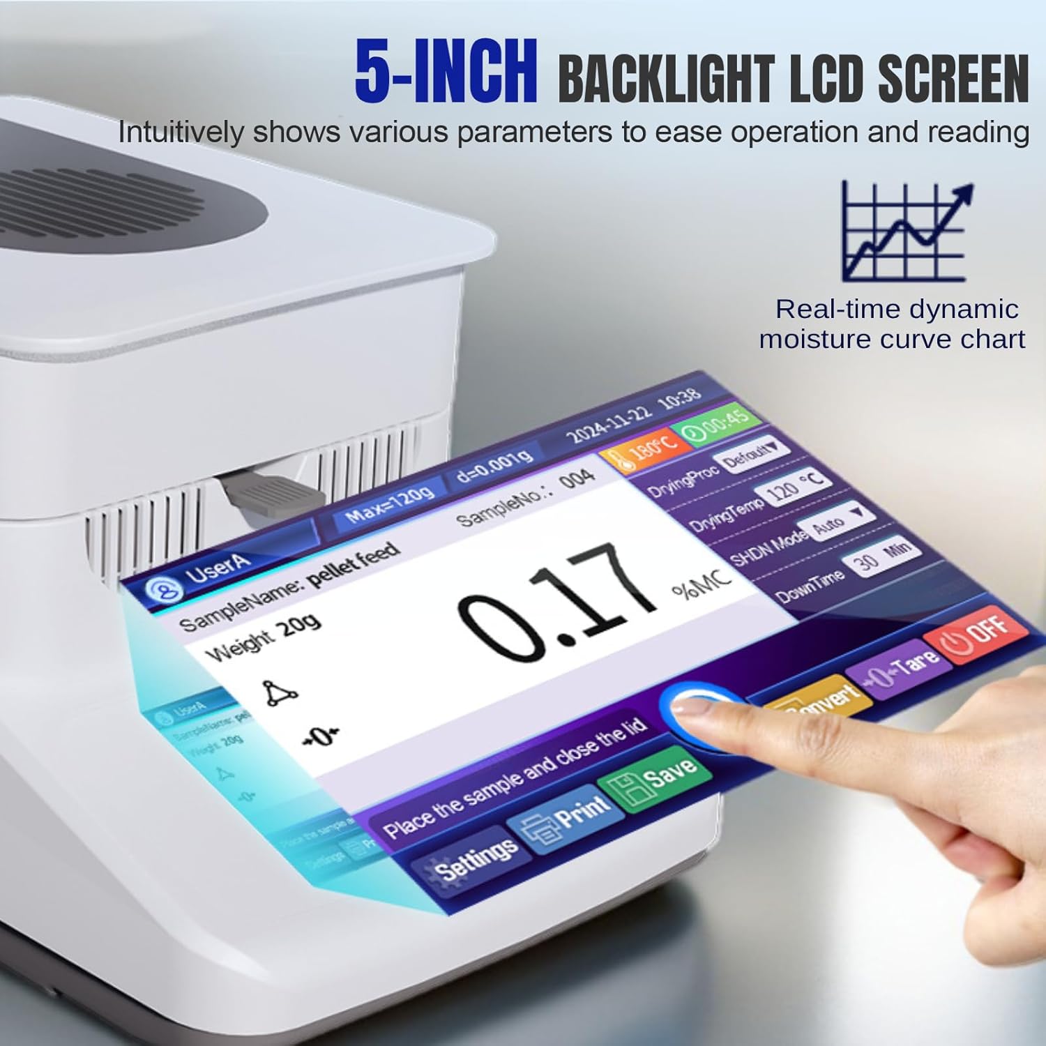 Professional Halogen Moisture Analyzer | 0.001g High Precision | 120g Capacity | 40℃-180℃ Rapid Heating & Drying, Lab Moisture Balance Meter with Touch Screen, Data Storage & Printing, RS232