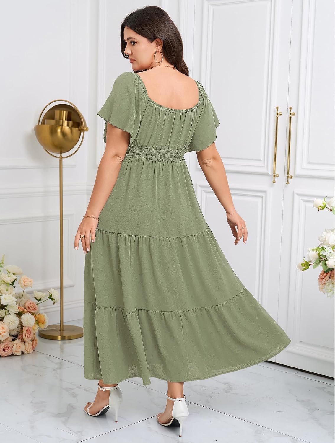 SCOMCHIC Womens Plus Size Wedding Guest Cocktail Dresses | Short Sleeve, Square Neck, Tiered Ruffle, Slit Maxi Dress
