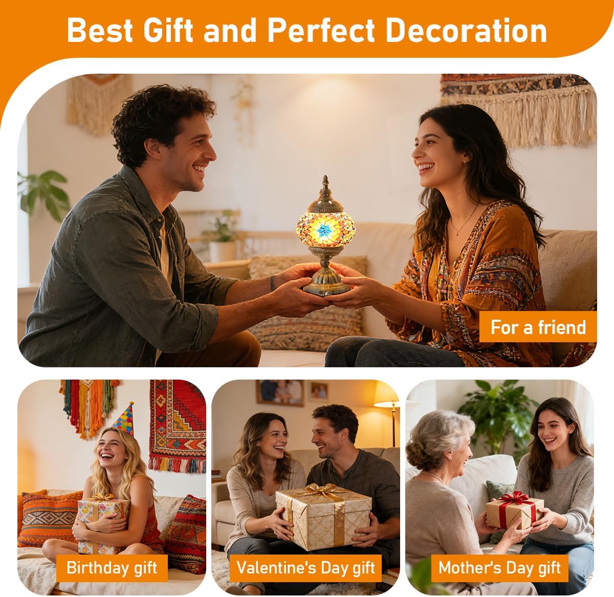 Portable Rechargeable Turkish Bronze Base Table Lamp with 6000mAh Battery, Handmade Moroccan Tiffany Style Colorful Mosaic Glass Night Stand Light Fixture for Living Room Bedroom Decor