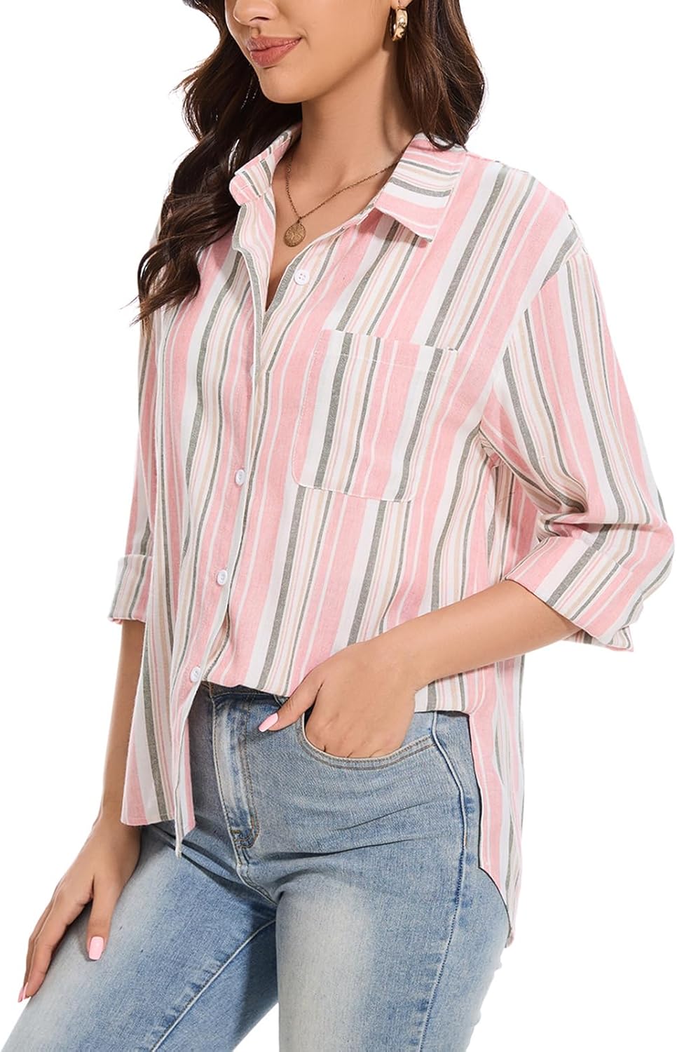 Womens Linen Shirts Long Sleeve Summer Casual 2025 Collared Striped Button Down Blouse - Image 4