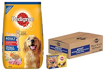 Pedigree Adult Wet Dog Food, Chicken & Liver Chunks in Gravy, 70 g (Pack of 90) & Pedigree Adult Dry Dog Food, Chicken & Vegetables, 15kg Pack