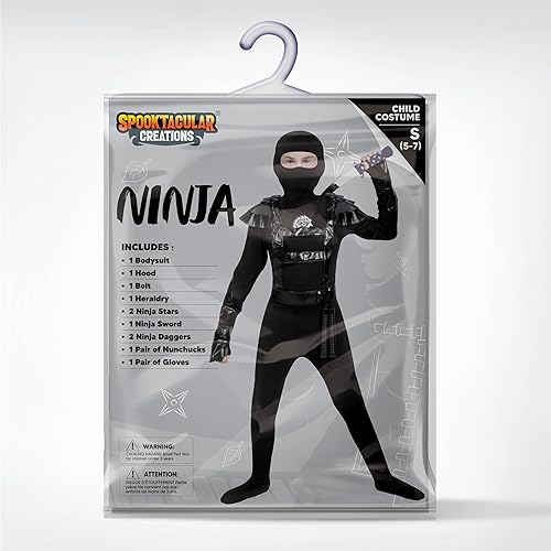 Miniatura 5 de Spooktacular Creations Disfraz de Ninja para niños, disfraz de ninja negro de lujo para niños, disfraz de Halloween para niños (S 5-7 años))