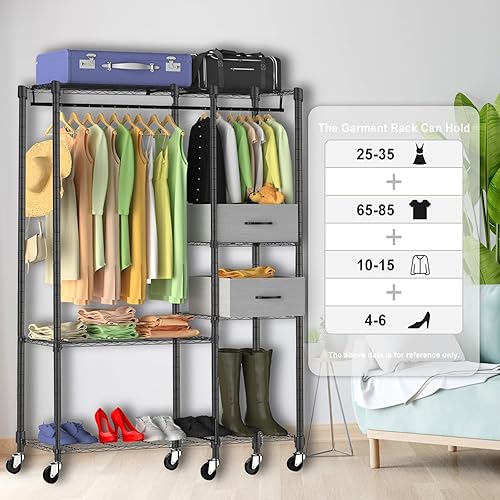 Miniatura 4 de Perchero de ropa resistente con ruedas de 2.5 pulgadas, armario portátil con estantes, organizadores de ropa y almacenamiento con ganchos laterales,