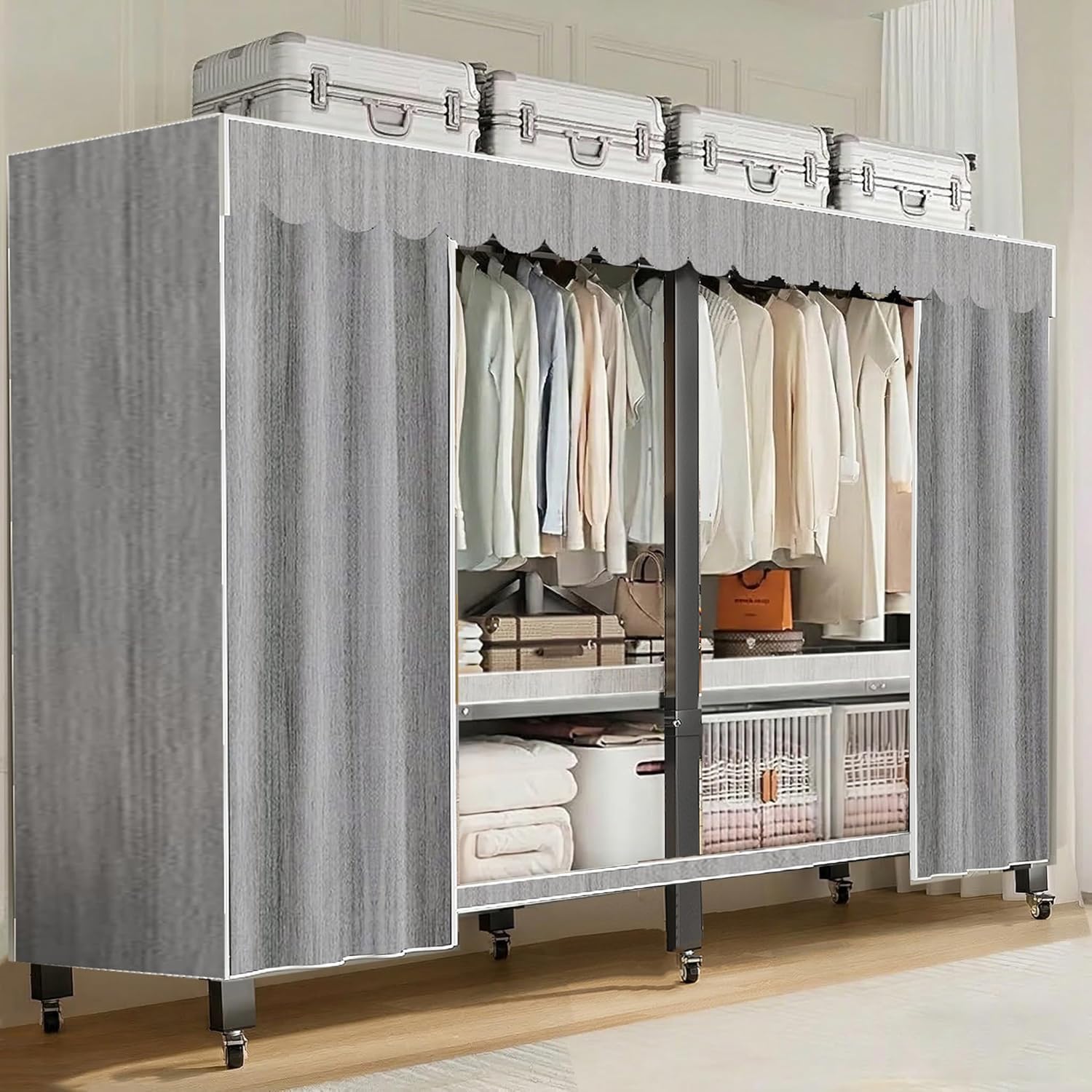 49.2in Heavy Duty Portable Closet with Cover Foldable Covered Clothes Rack for Hanging Armoire Wardrobe Closet System Freestanding Coat Storage Garment Racks (125cm/49.2in（Hazy Gray）)