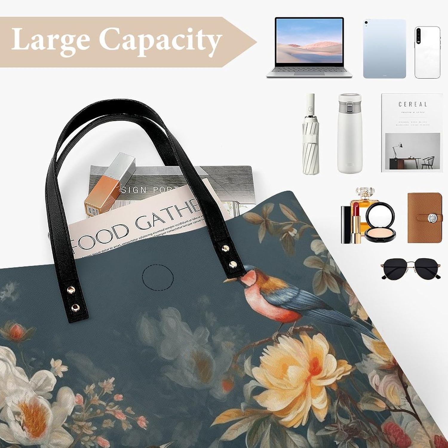 Flowers Birds Tote Bag with Magnetic Buckle Reusable Grocery Bags Lightweight Cross Body Handbag for Daily Essentials