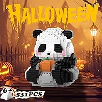 Vista 5 de Mini bloques de construcción de Halloween, panda sentado con calabaza, micro bloques de juguete para niños de 6, 7, 8, 9+, juegos de construcción