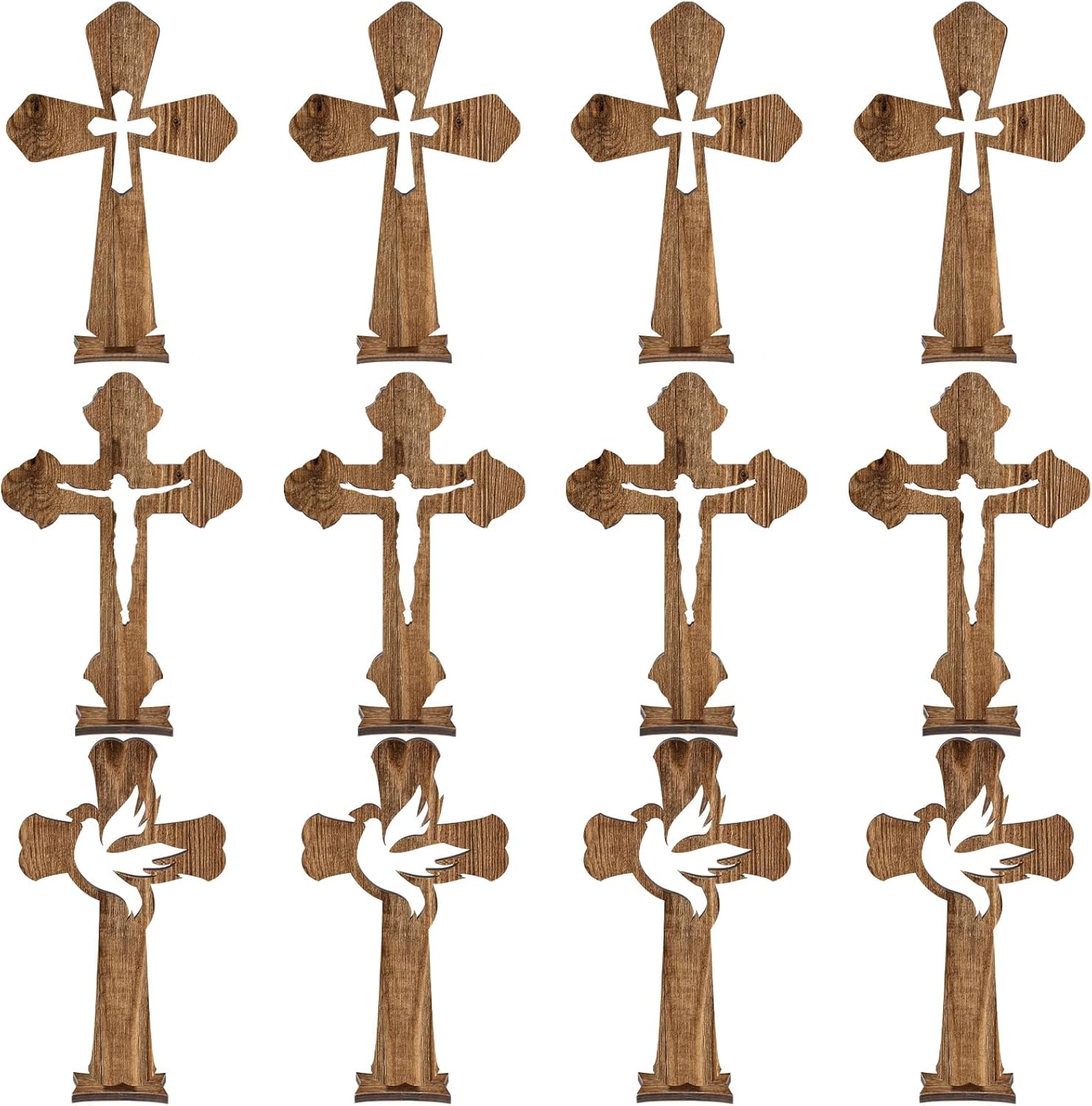 Kathfly 24 Pcs Easter Wooden Crosses for Craft Small Baptism Decor Catholic Rustic Unfinished Standing Cross for Centerpieces Easter Decor Table First Communion, 3 Styles, 6.7 x 4.3 Inches(Dark Brown)