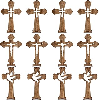 Kathfly 24 Pcs Easter Wooden Crosses for Craft Small Baptism Decor Catholic Rustic Unfinished Standing Cross for Centerpieces Easter Decor Table First Communion, 3 Styles, 6.7 x 4.3 Inches(Dark Brown)