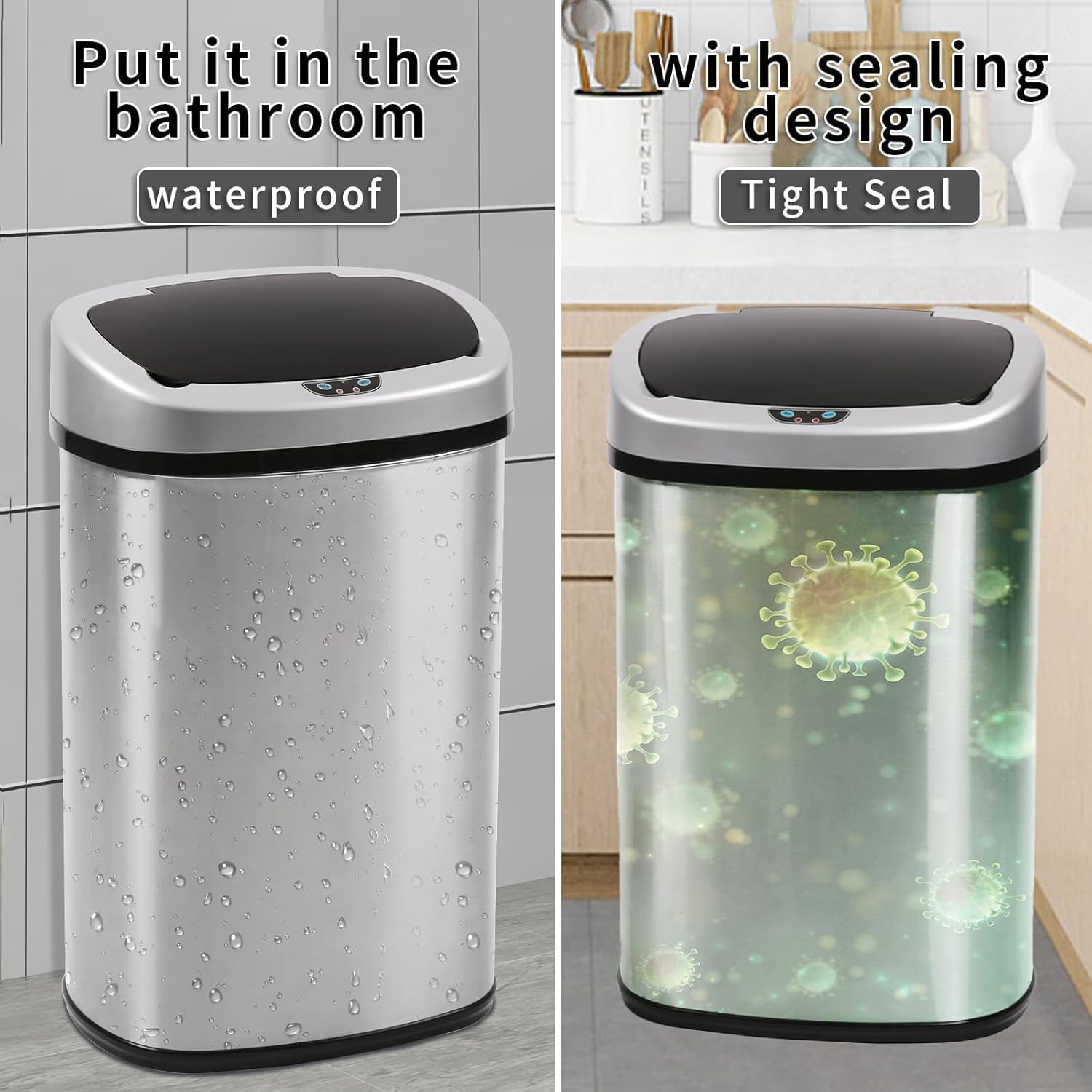 Meet perfect 13 Gallon Trash Can for Kitchen, Automatic Touchless Garbage Can with Motion Sensor, Stainless Steel Waste Bin with Liner Retainer Ring & Soft Close Lid, Smudge-Proof, Silver