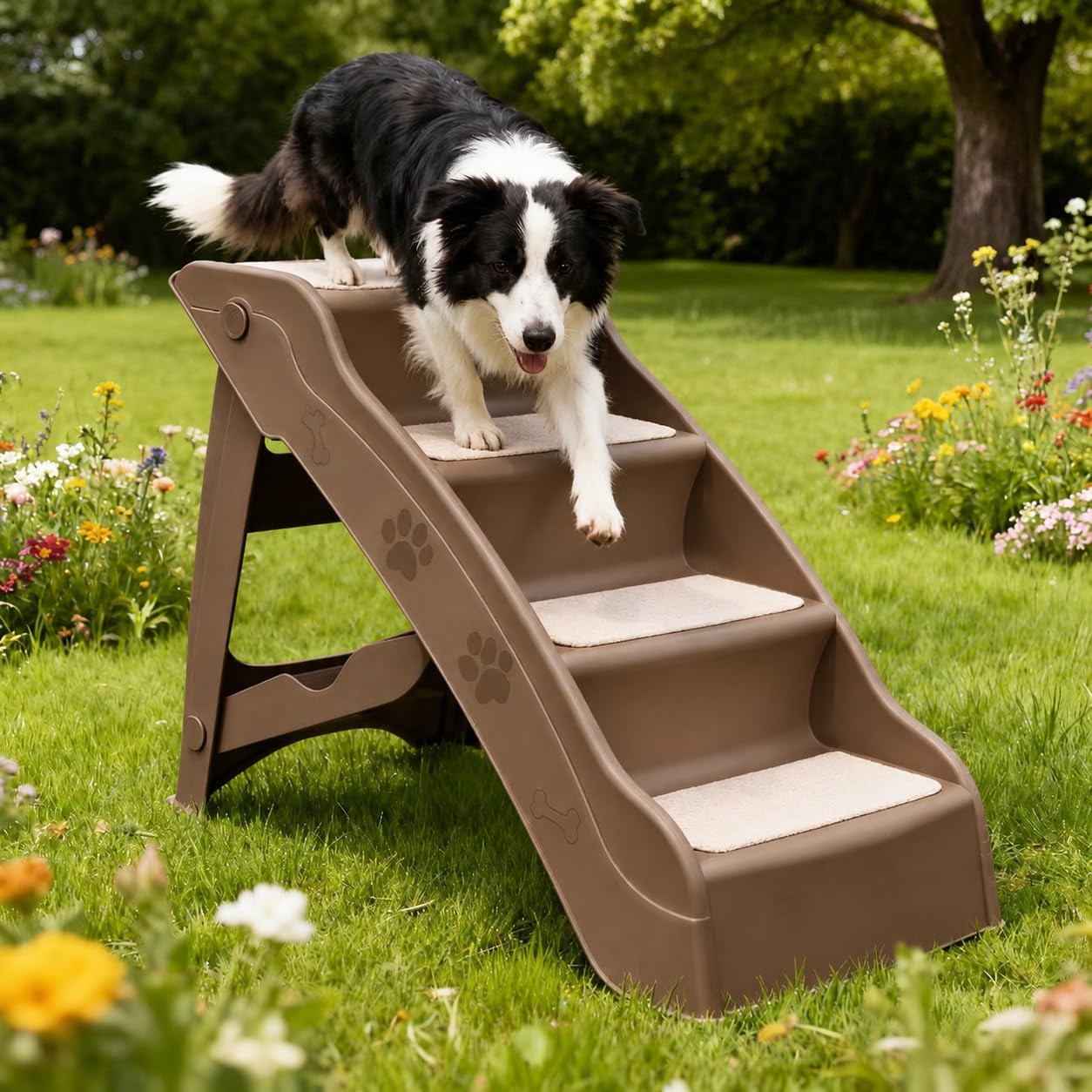 Rampa per Cani con Gradini Antiscivolo in Pelle Morbida Struttura Portante Rinforzata in Polipropilene Pieghevole per Animali Domestici Adatta per, Marrone caffè, Rinforzato e ispessito