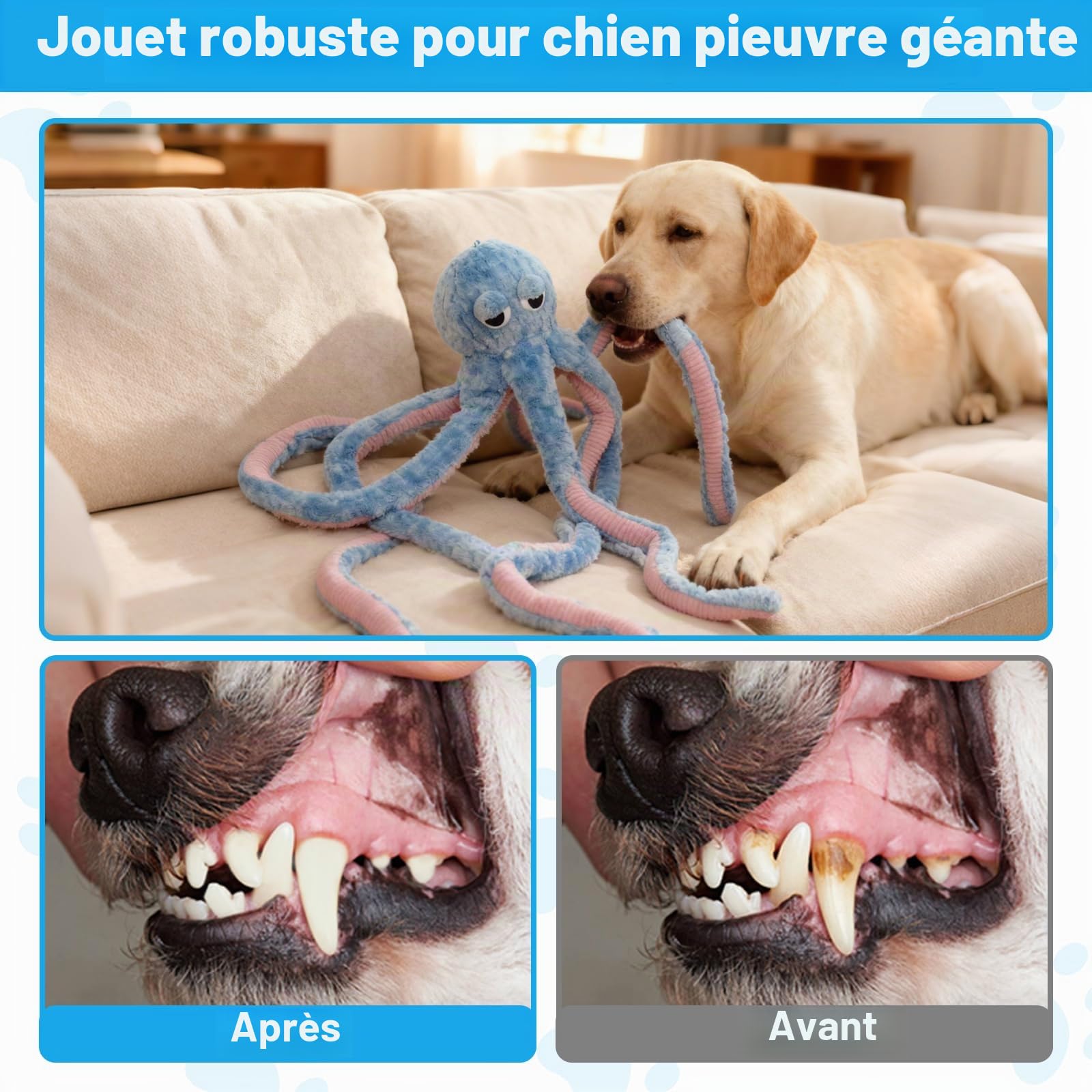 Jouet à mâcher interactif pour chien en forme de pieuvre géante de 1 m de long – Jouet couineur interactif à mâcher pour chiens de taille moyenne et grande (bleu)