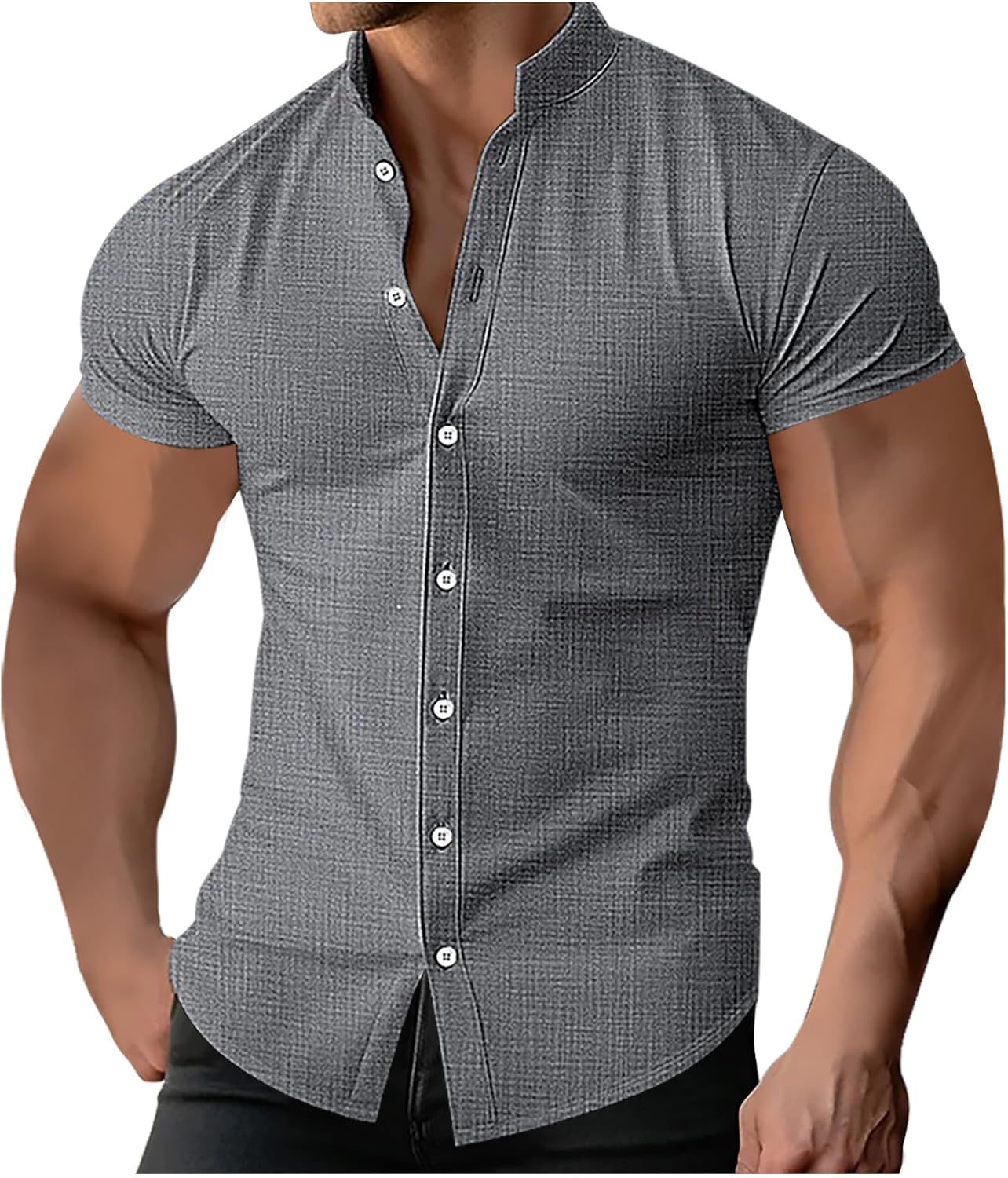 Button Down Linen Shirts for Men Casual Short Sleeve Regular Fit Beach Shirts Stand Collar Business Casual Tops