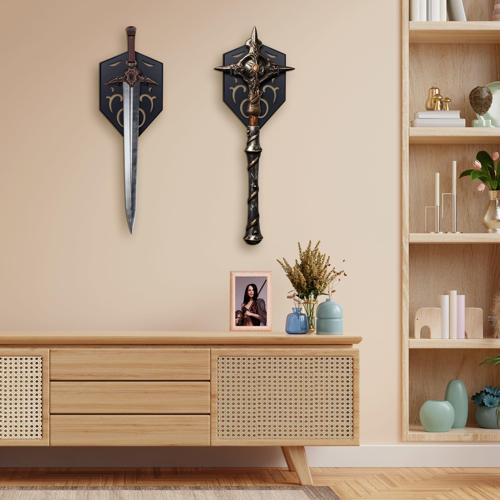 Schwert-Wandhalterung, vertikal, mit hohlgeschnitztem Design, Wandhalter für mittelalterliche Schwerter, Bögen, Äxte und Requisiten, Schwarz