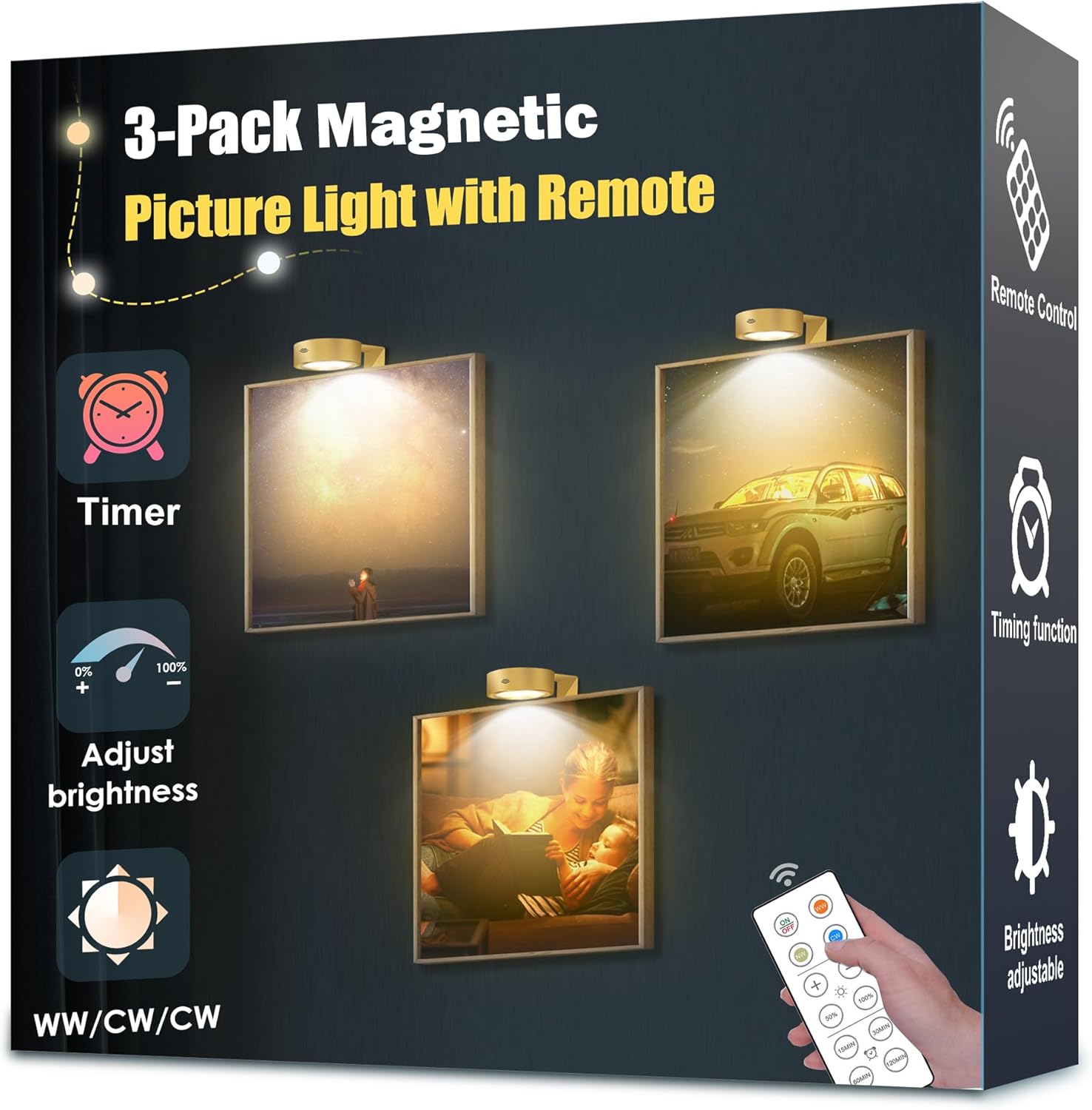 3Pack Picture Light Battery Operated, Led Lights with Remote