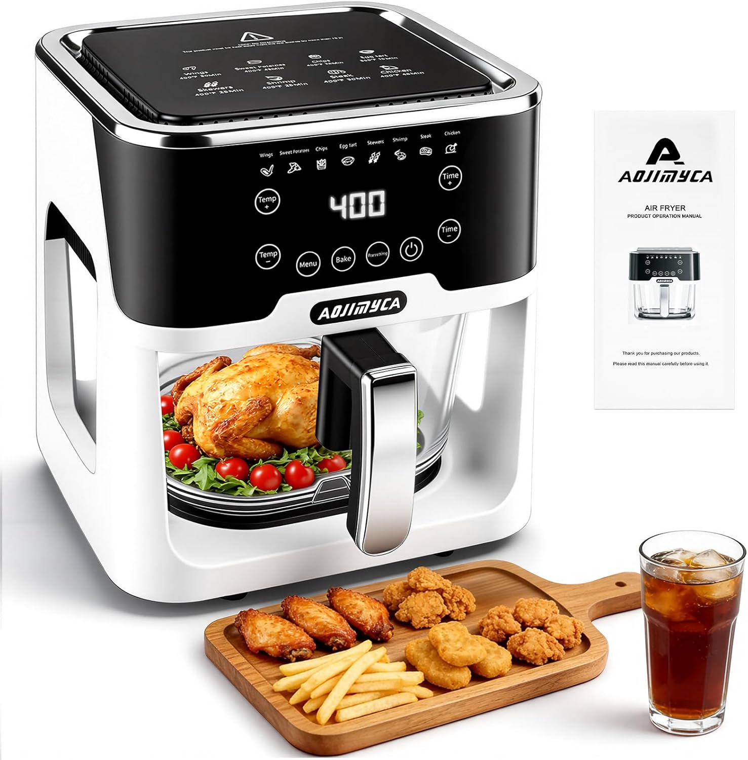 Glass Air Fryer, Portable Air Fryer with 6.5QT Glass Container, Adjustable Temp & Time, Overheat & Power-Off Protection, 8-in-1 Non Toxic AirFryer for Quick Easy Meals