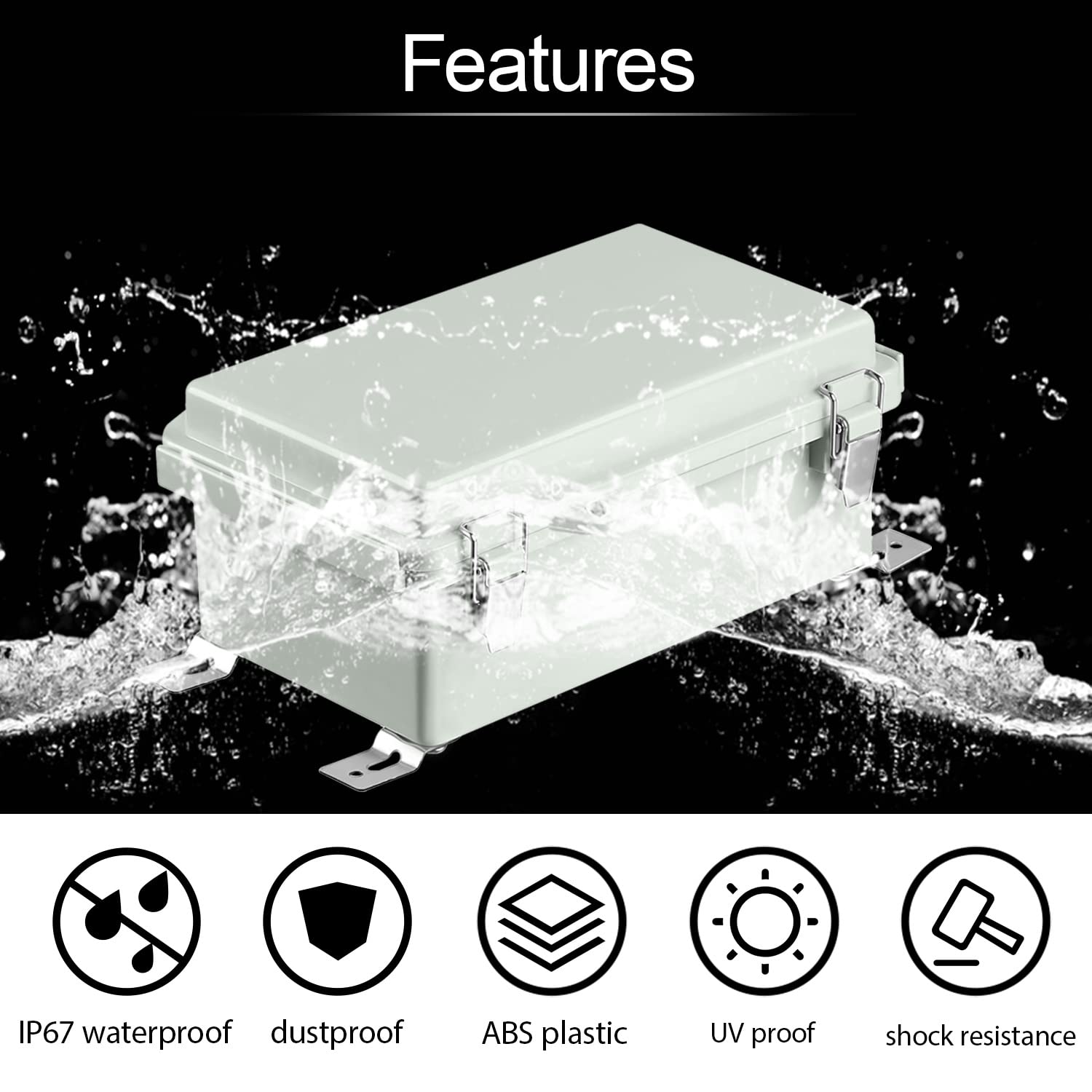 LeMotech Junction Box, Hinged Cover Stainless Steel Latch ABS Plastic IP67 Waterproof, Outdoor Electrical Enclosure with Mounting Plate, Project Box for Electronics, 8.2"x4.2"x2.9", Grey