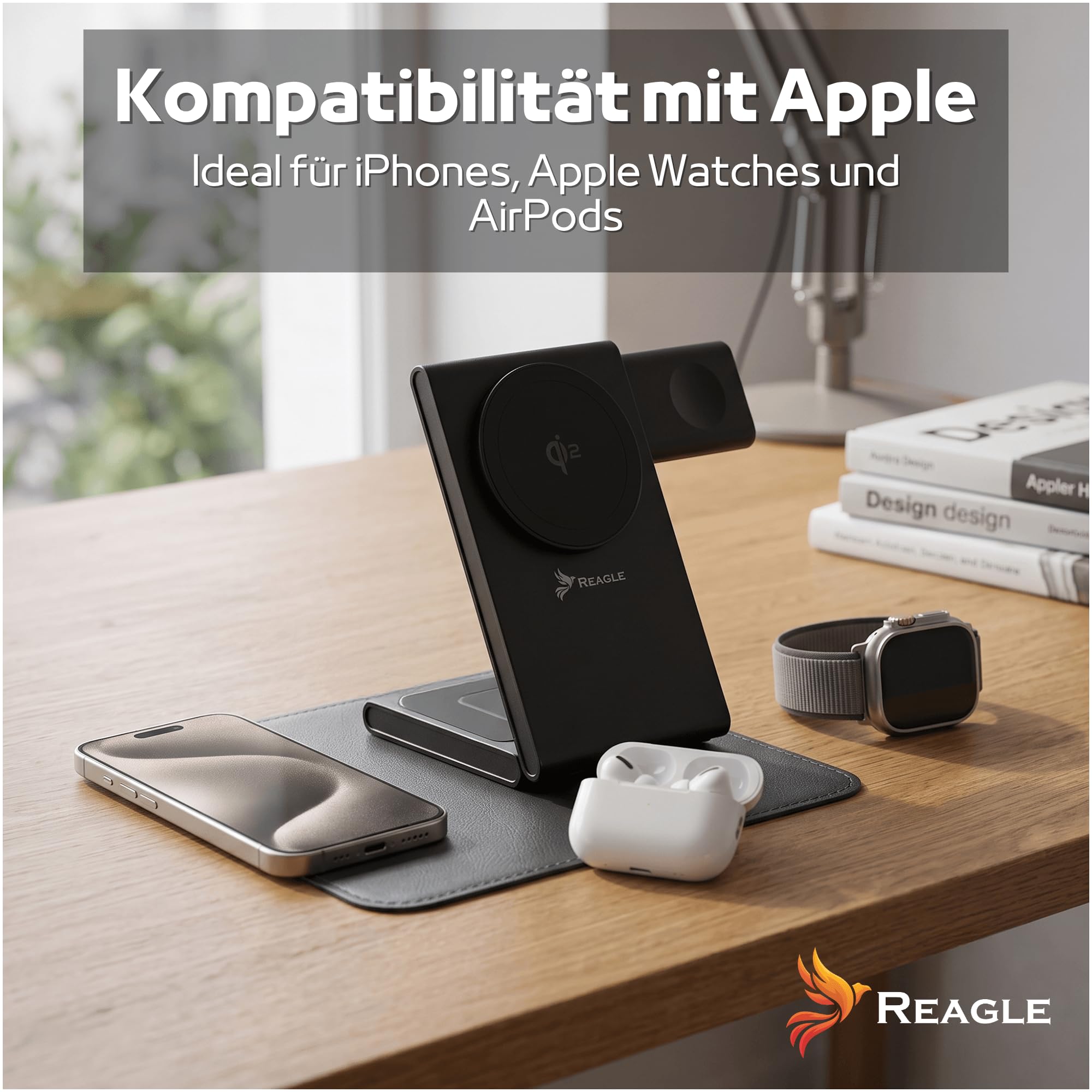 Reagle Stazione di Ricarica Wireless Qi2 3 in 1 15W, Caricatore Magnetico Pieghevole, Compatibile con iPhone 17/16/15/14/13/12, Apple Watch, AirPods, Samsung Galaxy e Pixel, Nero