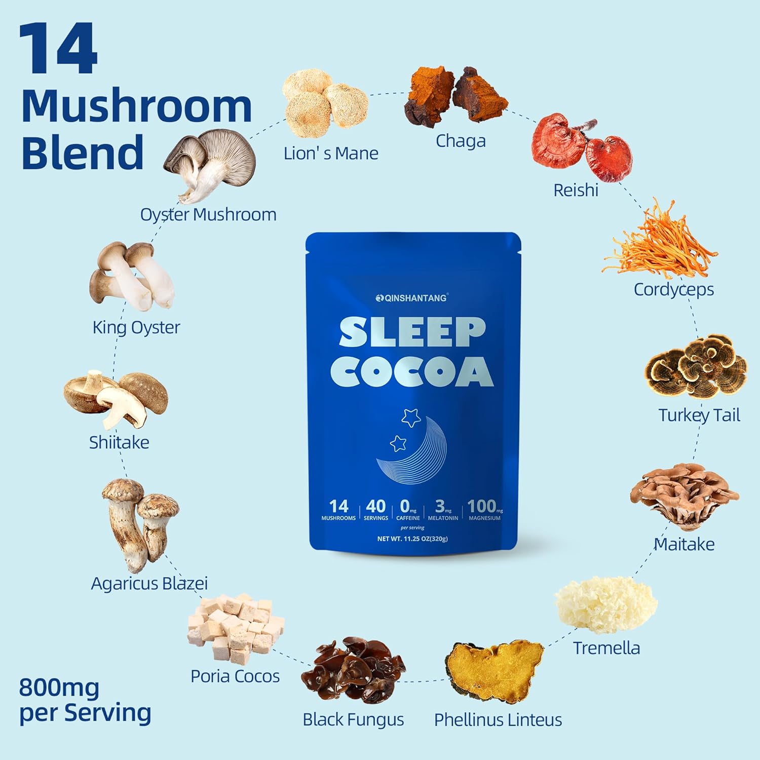 Mushroom Hot Cocoa for Sleep, 40 Servings, Mushroom Hot Chocolate Powder, 14 Mushroom Blend with Magnesium Glycinate, Melatonin, L-Theanine, GABA | Relaxation Calm Aid | Vegan, Keto-Friendly, Gluten-Free - Image 3