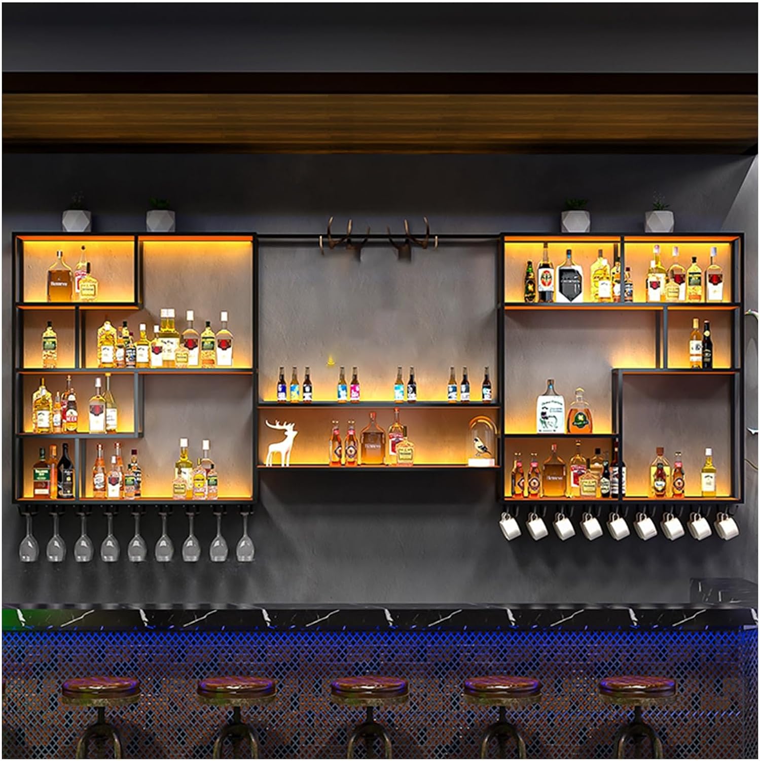 Wall Mounted Wine Rack with LED Lights, Large Heavy Duty Iron with Wine Glass Holds, Floating Shelf for Kitchen Home Bar, Industrial Metal Whiskey Display