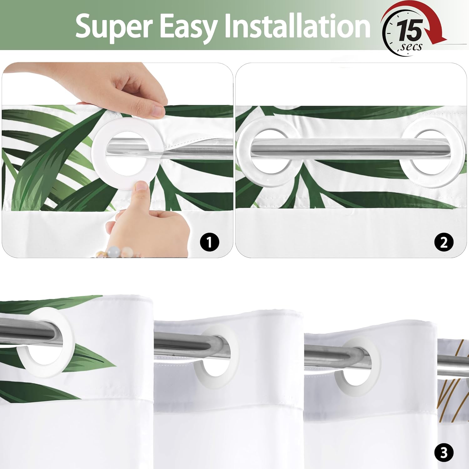 Stall No Hook Shower Curtain with Snap in Liner, Tropical Leaf Shower Curtains and Liner Set for Bathroom, Monstera Palm Leaves Floral Fabric Bath Curtain, Waterproof Washable, Green 54" x 80"