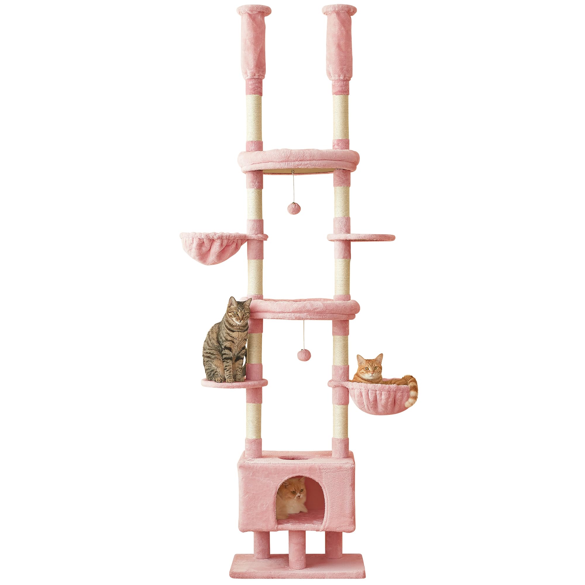 Árbol rascador para gatos rosa con altura ajustable de 235 – 258 cm, 7 pisos, escalador y casa de juegos con columna rascadora, cómoda cesta para dormir y hamacas para gatos de apartamento