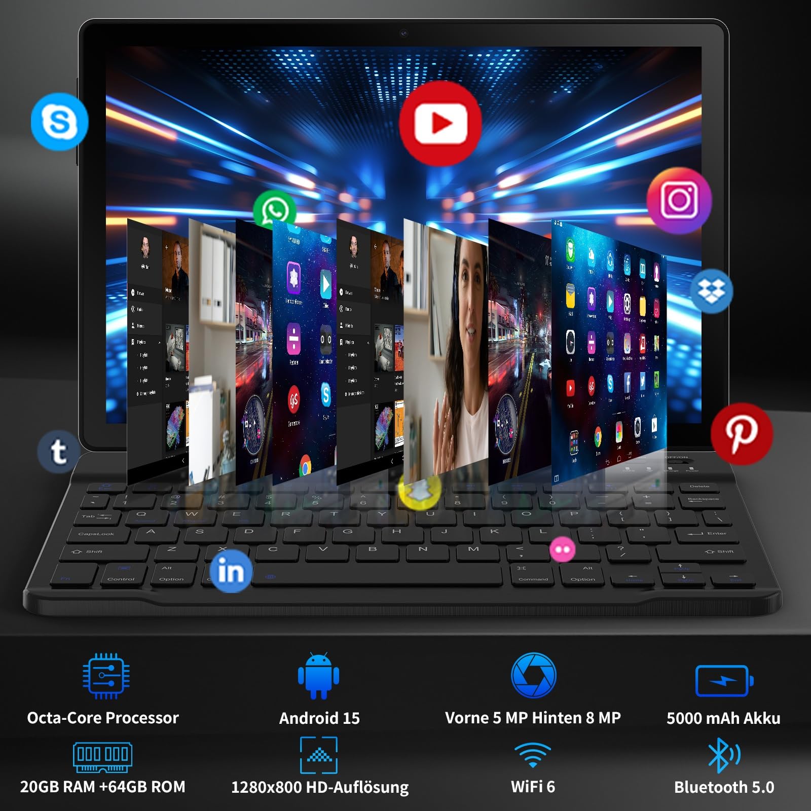 Tablet 10 Pollici Kit 8-in-1 Android 15 Tablet PC con Custodia, Tastiera, Mouse, Penna, Cuffie, Alimentatore, Cavo, Octa-Core, 20 GB RAM, 64 GB ROM, Espandibile 1TB,Display IPS 1280x800,5000 mAh(Nero)