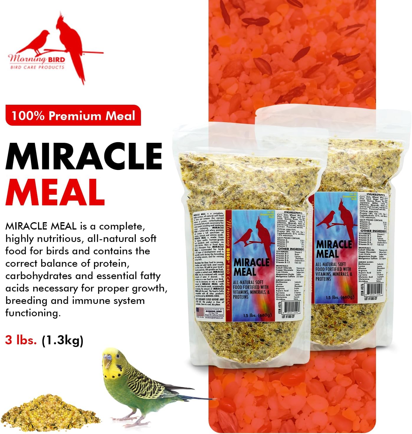 Morning Bird Miracle Meal 3 lbs (2-Pack, 1.5 lbs Each) – Vitamin Fortified Soft Bird Food for Birds - All-Natural No Artificial Dyes, Flavors or preservatives - Supports Feather Strength & Breeding