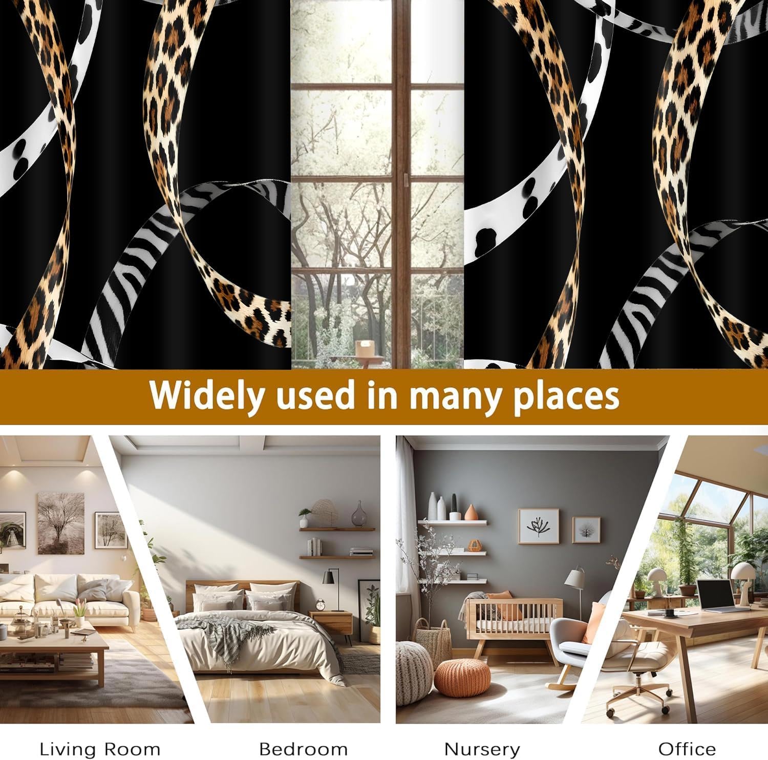 Leopard Curtains Cheetah Zebra Fur Wild Animal Print Safari Theme Blackout Curtains, Cow Abstract Western Rustic Farmhouse Black White Brown Window Drapes for Living Room Bedroom Kitchen 52x63in