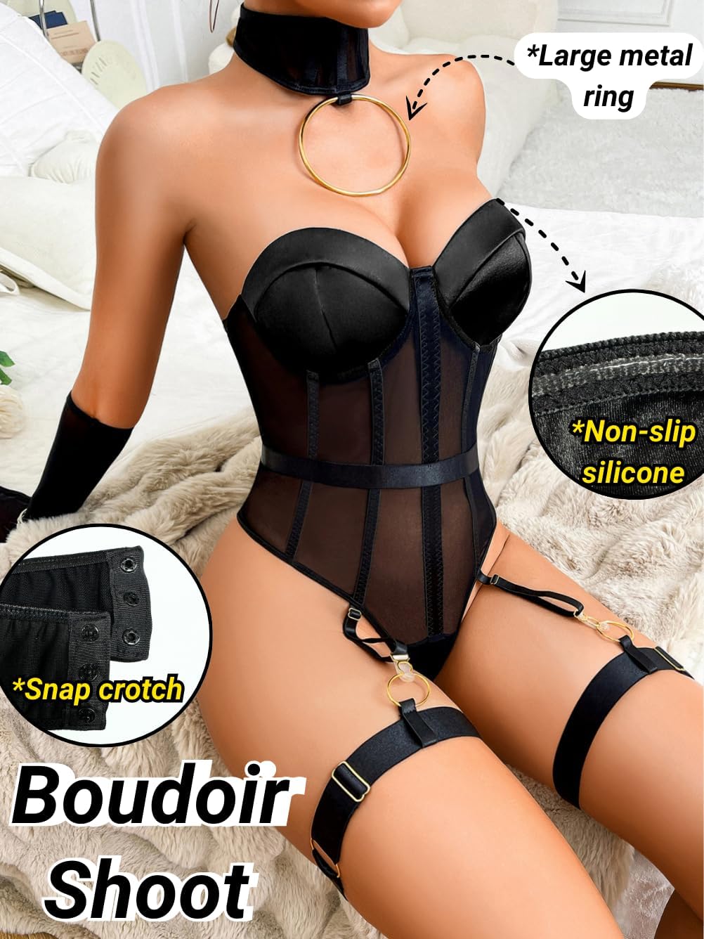 Kaei&Shi Exotic Strappy Garter Lingerie Set,Sheer Mesh Underwire Sexy Corset Lingeries Women,One Piece Strapless Bodysuit - Image 4