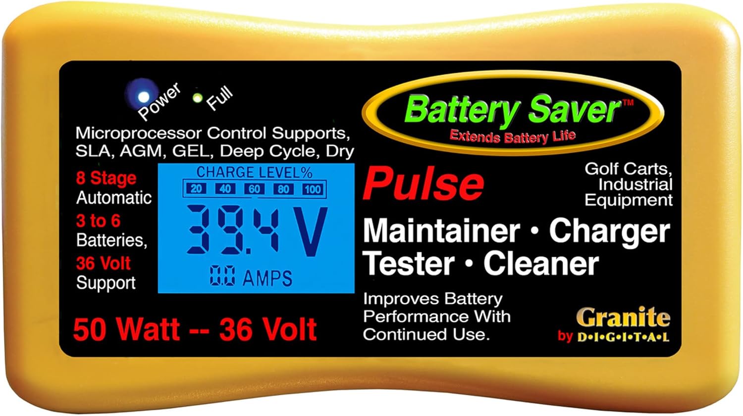 Battery Saver Premium 36 Volt 50W Pulse Charger, Maintainer & Tester (Gen. 3), Yellow, Black (2365L-36-G3)