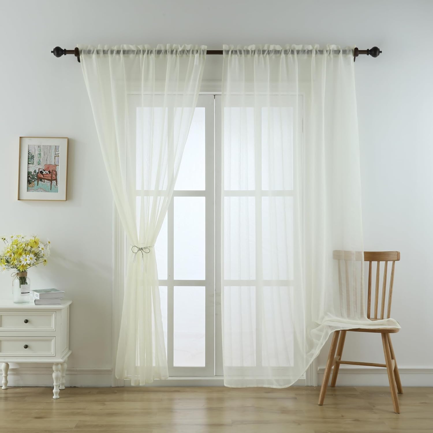 Imitation Cotton Linen Jacquard American Vertical Stripe Sheer Curtains Voile Gauze Home Decor for Living Room Bedroom(2 Panels, W 54 x L 84 inch, Beige)