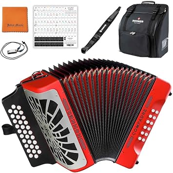 Hohner COER Compadre E/A/D 3-Row Diatonic Accordion, Red & Silver Grille Bundle with Hohner Bag, Strap, Mini Harmonica, Juliet Music Polish Cloth & Piano Key Stickers