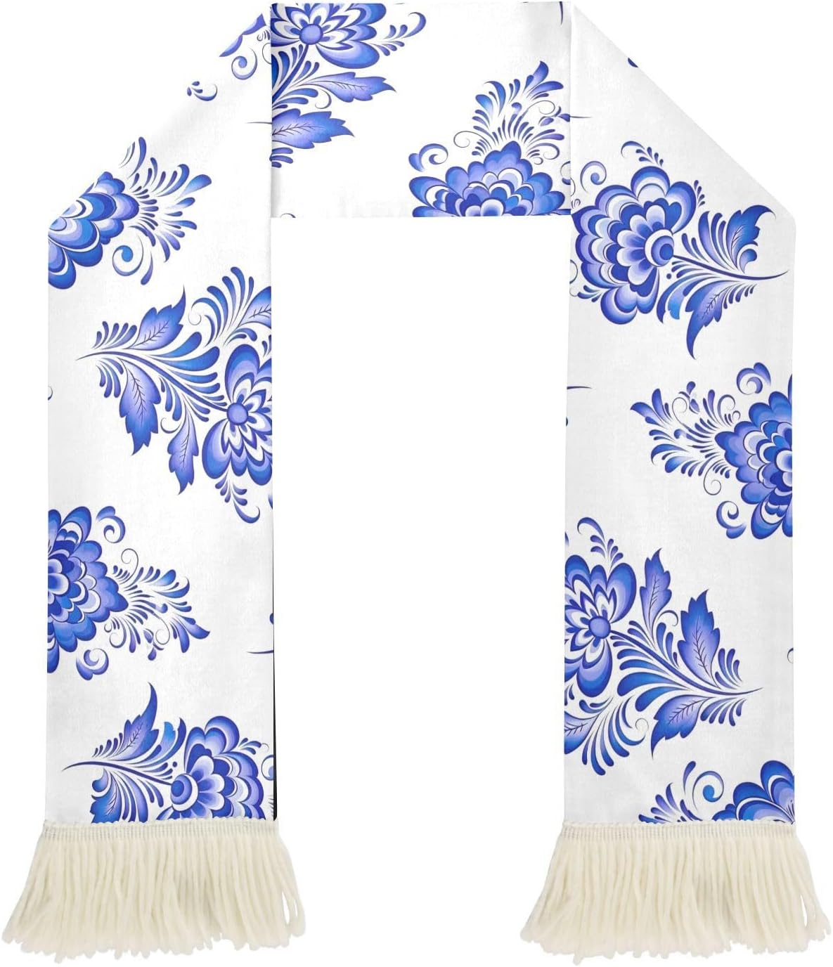 CHIFIGNO Blue Floral Leaves White Sports Fan Scarf for Soccer Games, Soft Polyester Sweat Towel with Fringe Ends, Quick Dry Rally Cheering Banner